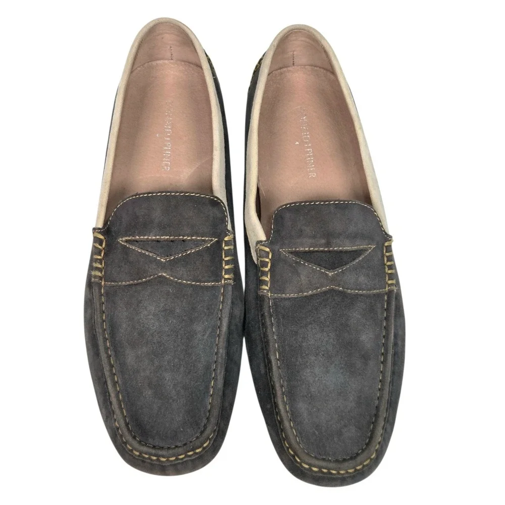 Donald J Pliner Loafers Mens 9.5 Grey Suede Penny Driver Contrast Stitch Slip On